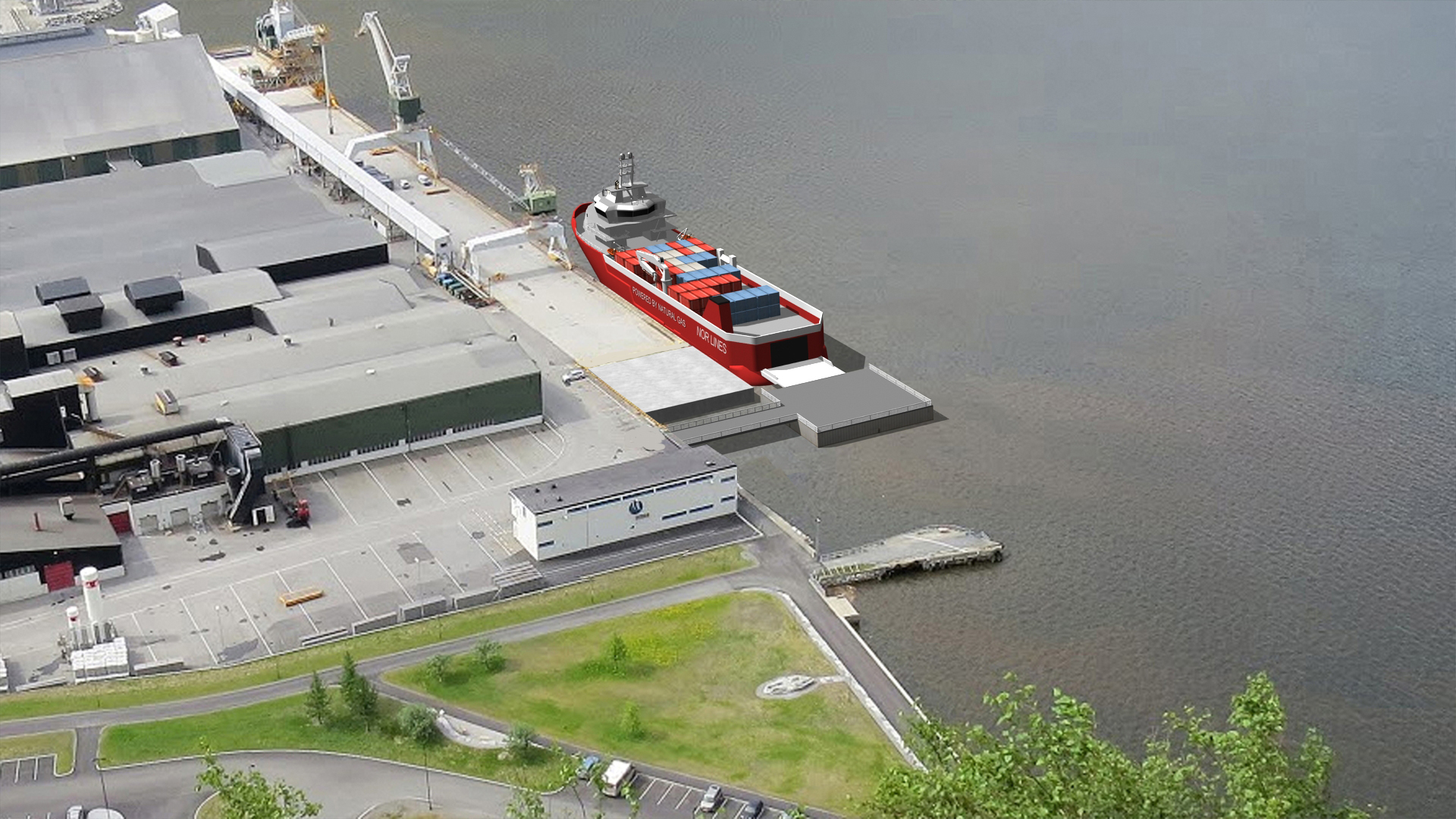 Prosjektillustrasjon av RoRo-fartøy og rampe ved industriområdet på Sunndalsøra